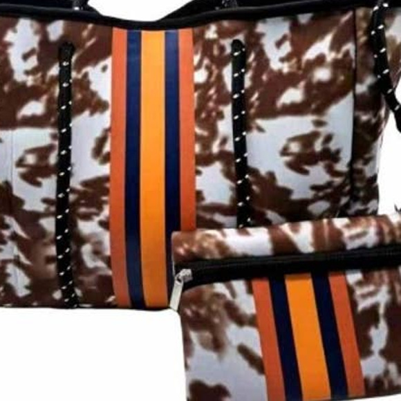 Brown Cow Print with Orange Stripes Neoprene Black Accents Tote Bag With Pouch - Picture 2 of 4